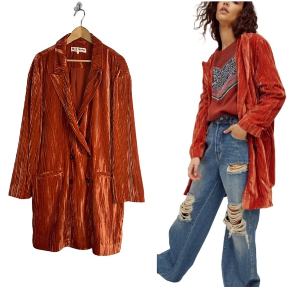 Free People Jackets & Blazers - NWOT Free People Daria Crinkle Velvet Long Blazer XL Cinnamon Slouchy Oversized